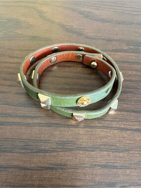 Olive Green Leather Wrap Bracelet with Pyramid Studs